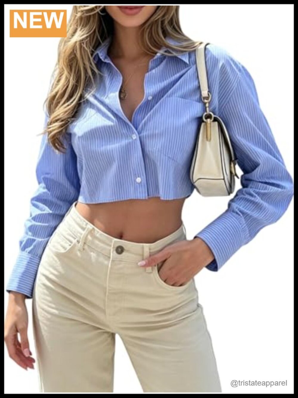 Striped Wrap Back Crop Blouse Button Down Long Sleeve